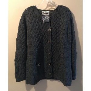 Aran Crafts Merino Wool Charcoal Gray Button Front Cardigan Sweater Sz L NWOT